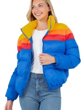 TCEC Blue Colorblock Puffer Jacket with Yellow, Orange & Red Accents